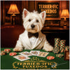 west highland terrier in white dinner jacket at poker table with stacks of chips and golden card decks under a Terrier-ific Tuxedos sign