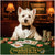 west highland terrier in white dinner jacket at poker table with stacks of chips and golden card decks under a Terrier-ific Tuxedos sign