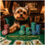 Yorkshire Terrier with tall stacks of dog poker chips on green felt table titled Terrier’s Table Triumphs