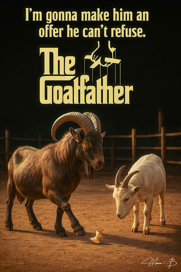 Humorous goat scene inspired by iconic movie titled The Goatfather Im gonna make him an offer he cant refuse