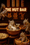 Squirrels in a wooden nut bar under a neon “The Nut Bar” sign, one squirrel holding a martini glass and bowls of pistachios and almonds
