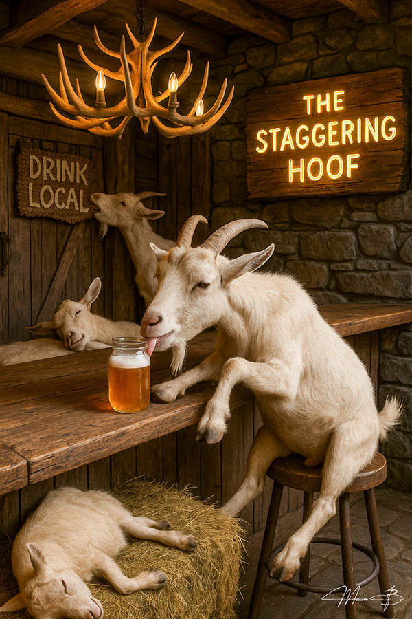 Goats in a rustic bar drinking beer under a “The Staggering Hoof” sign with a sleepy kid on hay and an antler chandelier overhead