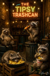 Raccoons drinking beer and eating fries under a neon “The Tipsy Trashcan” sign in an alleyway bar setting