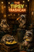 Raccoons drinking beer and eating fries under a neon “The Tipsy Trashcan” sign in an alleyway bar setting