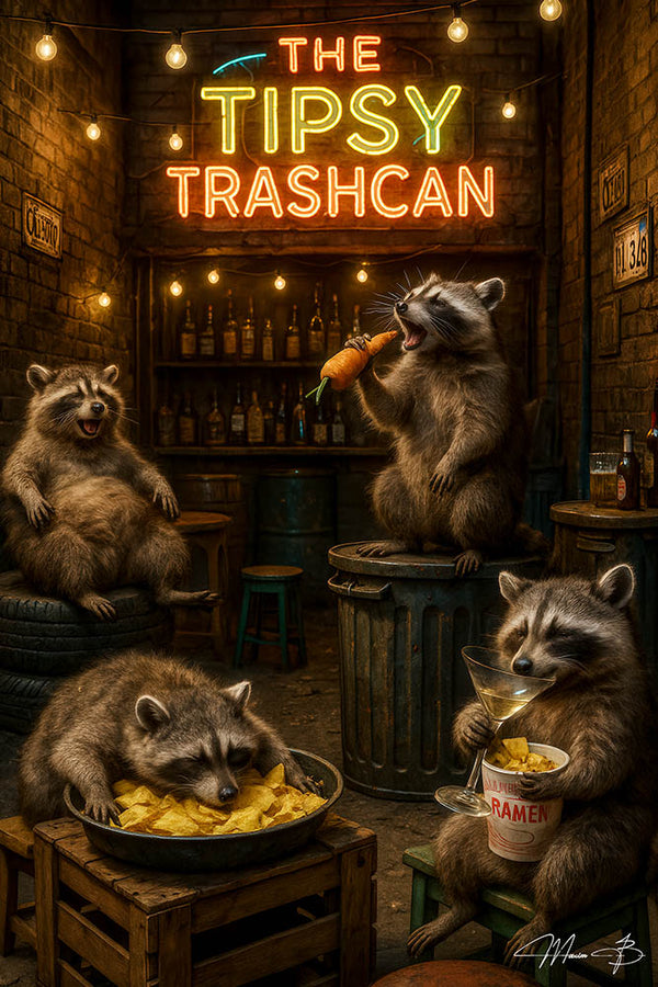 Raccoons drinking beer and eating fries under a neon “The Tipsy Trashcan” sign in an alleyway bar setting