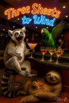 A green parrot in a bow tie flutters atop a bar serving cocktails to a wide-eyed lemur holding a martini and a sloth sipping an old-fashioned under a neon “Three Sheets to the Wind” sign