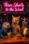 Fox in a sequined dress laughing as a martini spills, otter in a robe, and goat in sunglasses celebrating beneath a neon “Three Sheets to the Wind” sign at a bar