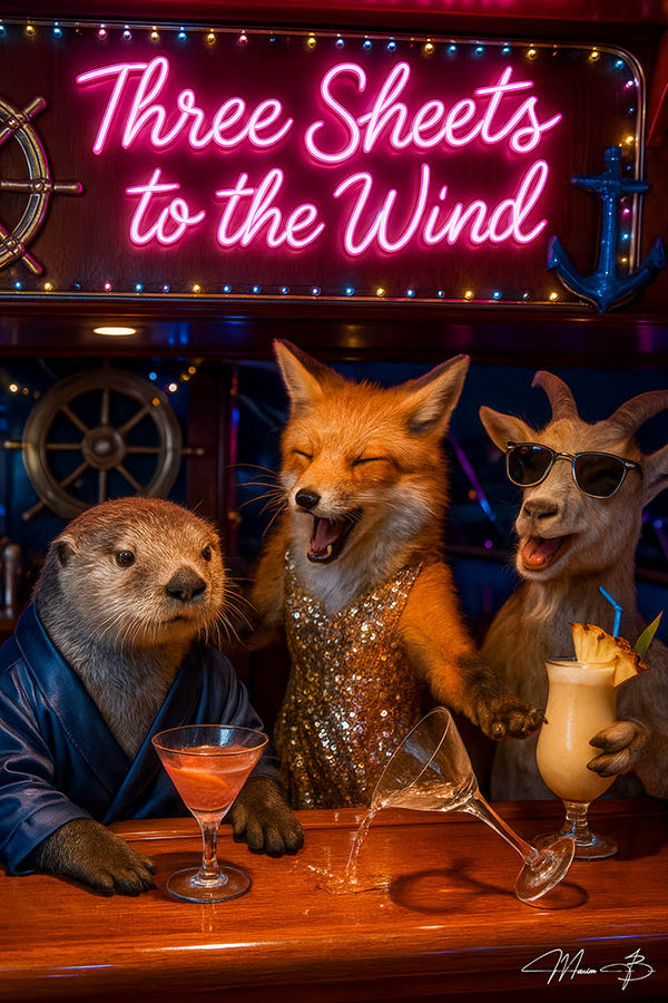 Fox in a sequined dress laughing as a martini spills, otter in a robe, and goat in sunglasses celebrating beneath a neon “Three Sheets to the Wind” sign at a bar