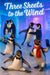 Penguins partying in an ice bar under a neon “Three Sheets to the Wind” sign, one serving cocktails, one doing splits, and one taking a selfie