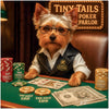 Yorkshire Terrier in glasses and leather vest at poker table with chips and cards