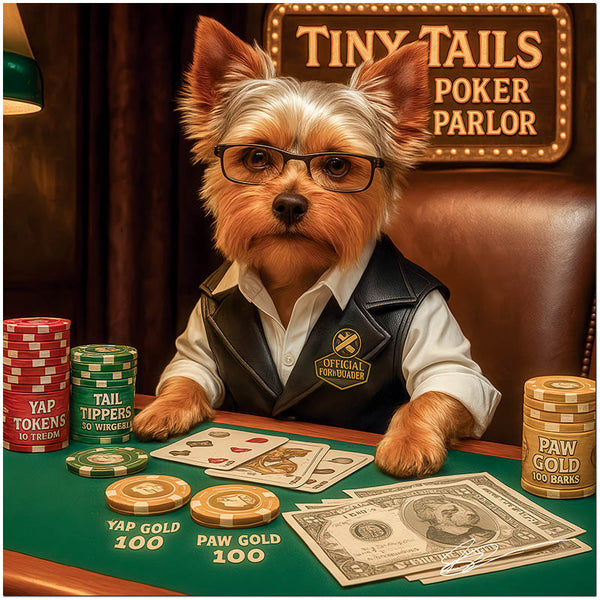 Yorkshire Terrier in glasses and leather vest at poker table with chips and cards