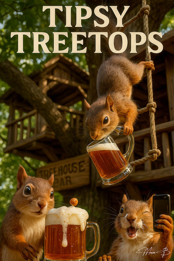 Three squirrels drinking beer in a treehouse bar under a “Tipsy Treetops” sign on a Metal Print