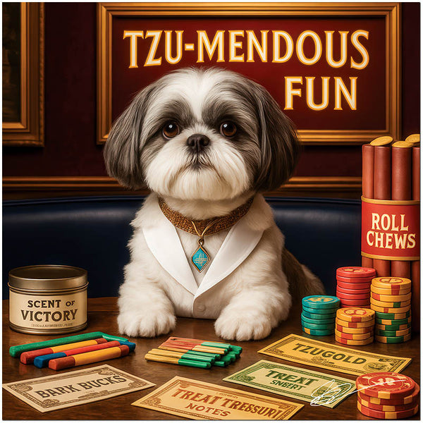 shih tzu in white collar at lounge table with tins of treats, treat-cigar rolls, colorful treat sticks, and custom Bark Bucks under Tzu-Mendous Fun sign