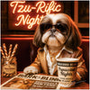 gold-jacketed shih tzu in sunglasses holding a Pupuccino Nights cup beside Chewbanna Swirls under a neon Tzu-Rific Nights sign