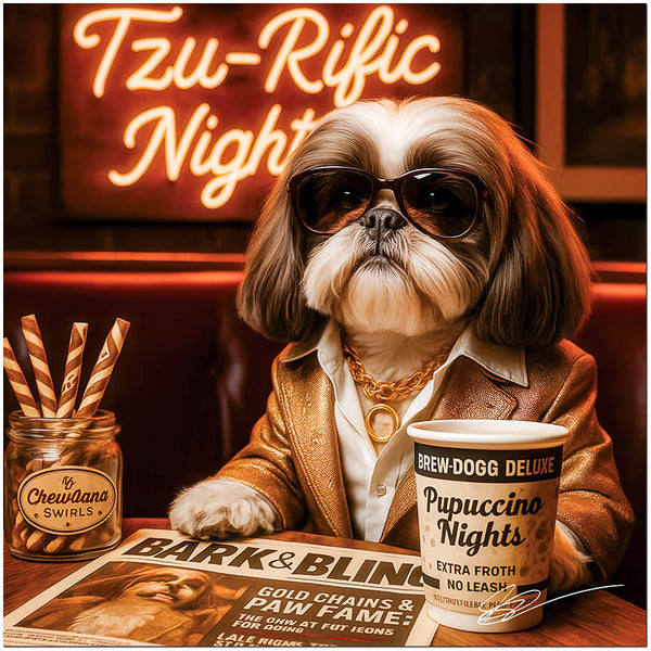 gold-jacketed shih tzu in sunglasses holding a Pupuccino Nights cup beside Chewbanna Swirls under a neon Tzu-Rific Nights sign