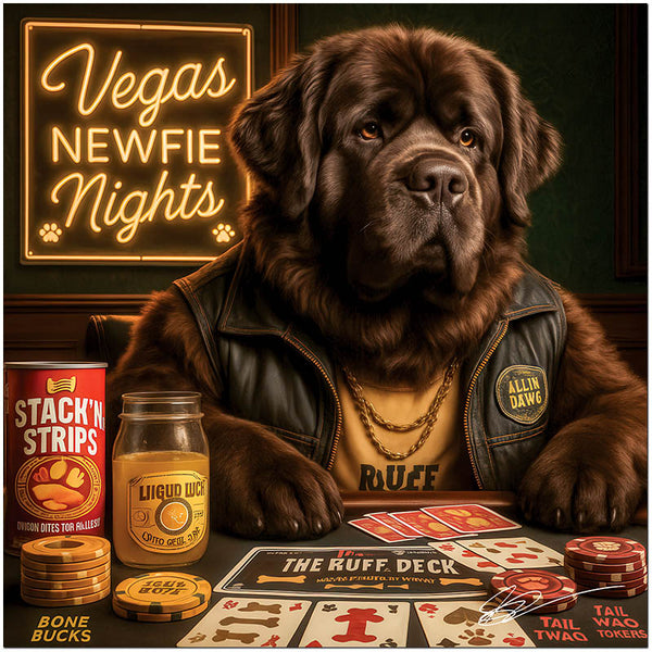 Newfoundland dog artwork titled Vegas Newfie Nights on metal print depicting a luxurious poker night scene