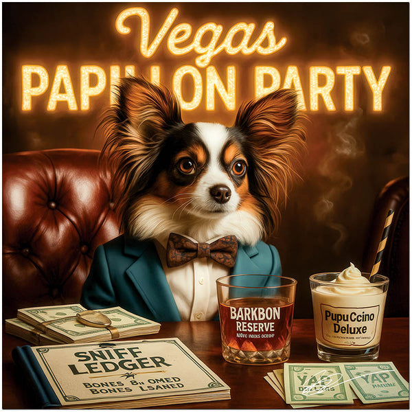 Papillon dog artwork titled Vegas Papillon Party on metal print showcasing an upscale vintage Vegas lounge scene