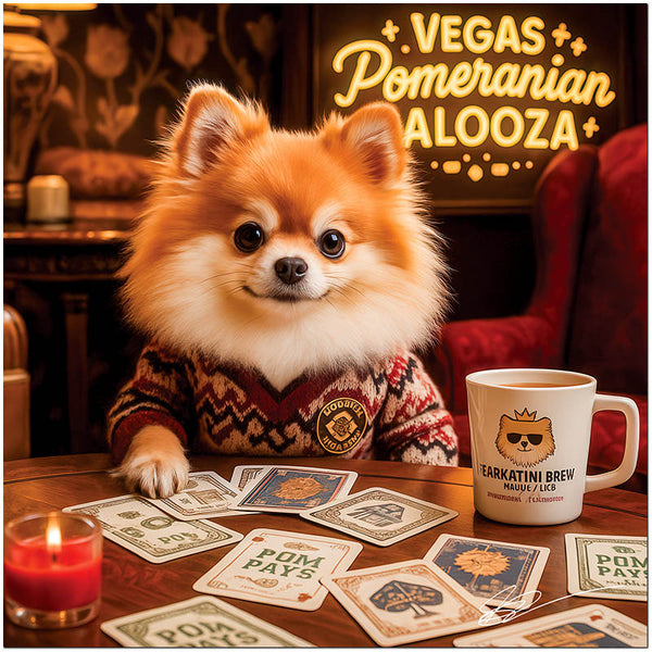 Vegas Pomeranian Palooza metal print featuring a playful Pomeranian dog in a sweater at a cozy poker table with cards and a whimsical mug
