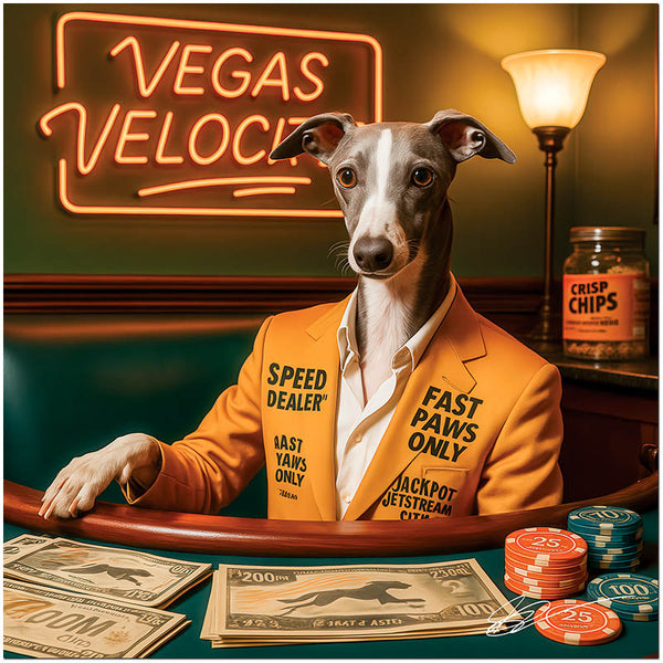 whippet in yellow jacket at casino table under Vegas Velocity neon sign