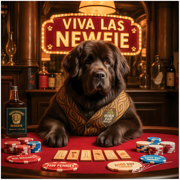 Newfoundland dog artwork titled Viva Las Newfie on metal print depicting an upscale Vegas-style casino scene