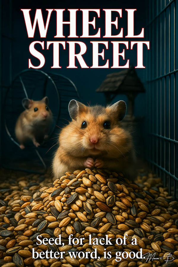 Hamster sitting on a pile of seeds with humorous text Weel Street Seed, for lack of a better word, is good