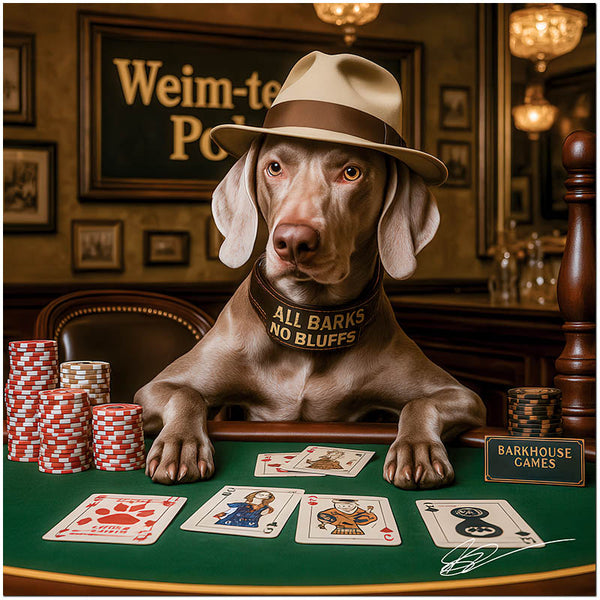 weimaraner in fedora and “All Barks No Bluffs” collar leaning on poker table with red white and blue chips under a Weim-tensity Poker sign