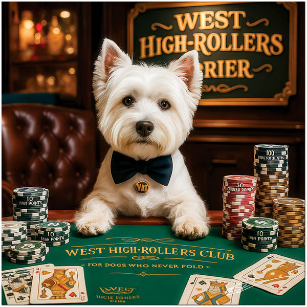 west highland terrier in bow tie at poker table with stacks of green red and tan chips under a West High-Rollers Terrier sign