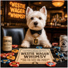 west highland terrier in bow tie at poker table with stacks of chips and snack cans under a Westie Wager Whimsy neon sign