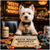 west highland terrier in bow tie at poker table with stacks of chips and snack cans under a Westie Wager Whimsy neon sign