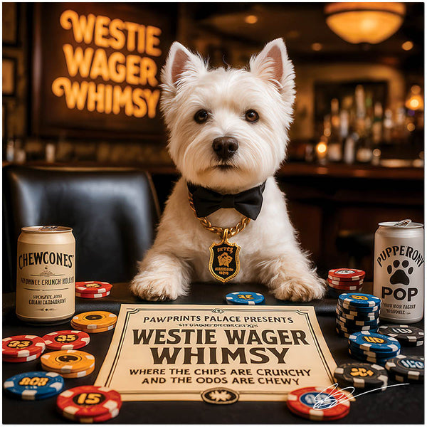 west highland terrier in bow tie at poker table with stacks of chips and snack cans under a Westie Wager Whimsy neon sign