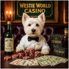 west highland terrier in bow tie at poker table with red chips whiskey bottle and custom card decks under a Westie World Casino sign