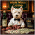 west highland terrier in bow tie at poker table with red chips whiskey bottle and custom card decks under a Westie World Casino sign
