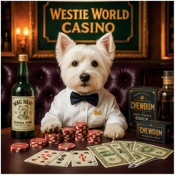 west highland terrier in bow tie at poker table with red chips whiskey bottle and custom card decks under a Westie World Casino sign