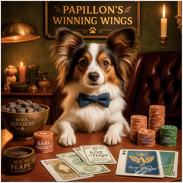 Papillon's Winning Wings metal print showing a stylish Papillon dog at a candlelit poker table with poker chips and playing cards