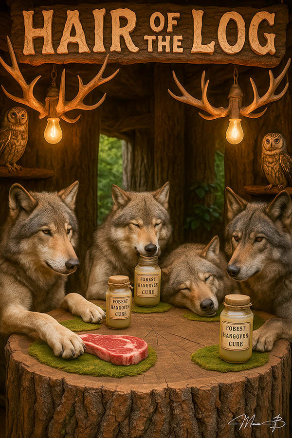 Four wolves sitting around a log table drinking “Fobest Hangover Cure” in a rustic woodland bar setting – funny hangover-themed metal print