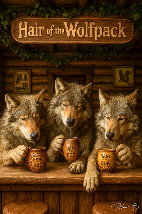 Three wolves sitting at a log cabin bar sipping from mugs labeled “Hair of the Dog” – funny hangover-themed animal metal print