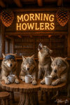 Four wolves at a rustic bar table drinking coffee, one howling, another wearing a sleep mask – funny morning-themed animal metal print