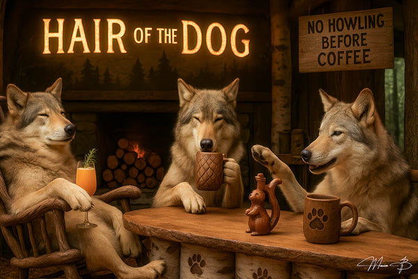 Three wolves at a rustic lodge bar drinking coffee and a mimosa under a sign that reads “No Howling Before Coffee” – funny morning-themed metal print