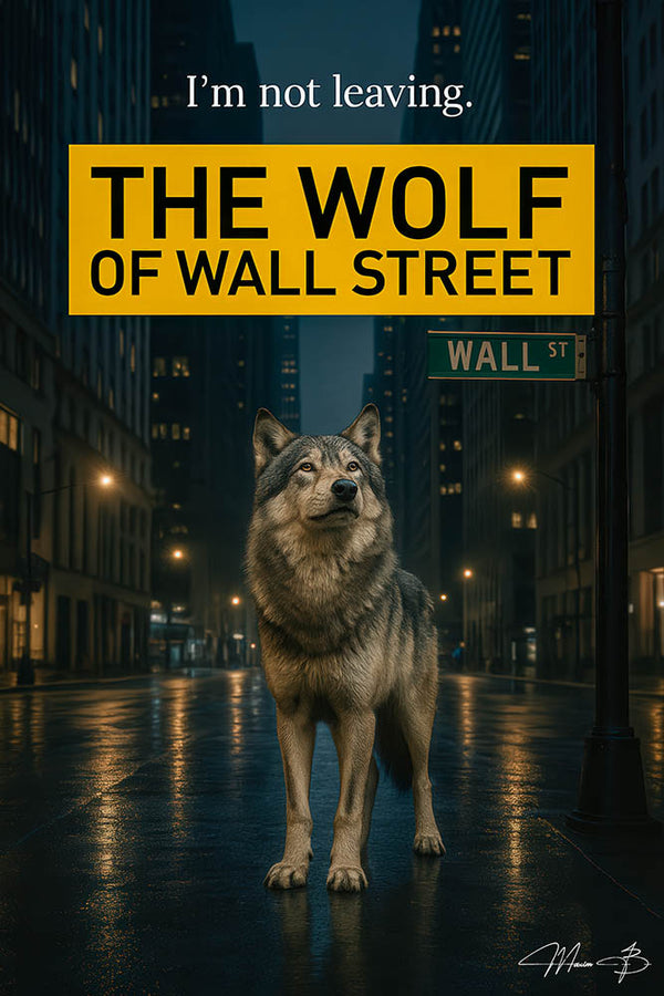 Wolf standing confidently on Wall Street with title The Wolf of Wall Street - I’m not leaving