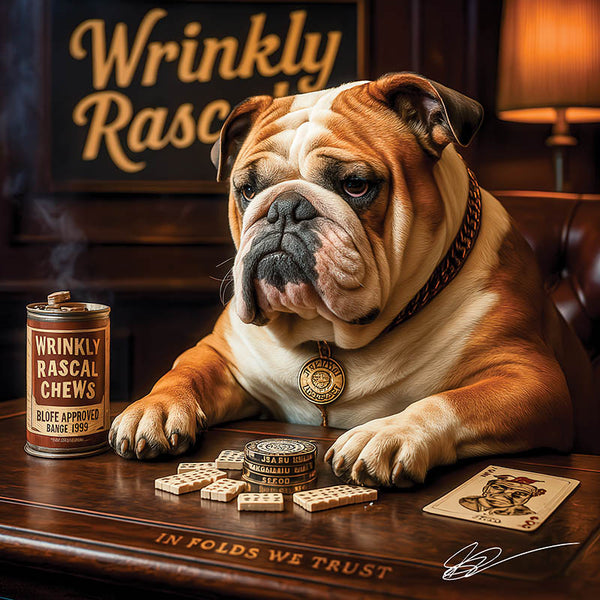 English Bulldog playing dominoes with vintage chew tin metal print