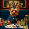 Yorkshire Terrier in pinstripe suit and crown at poker table with royal flush and chips