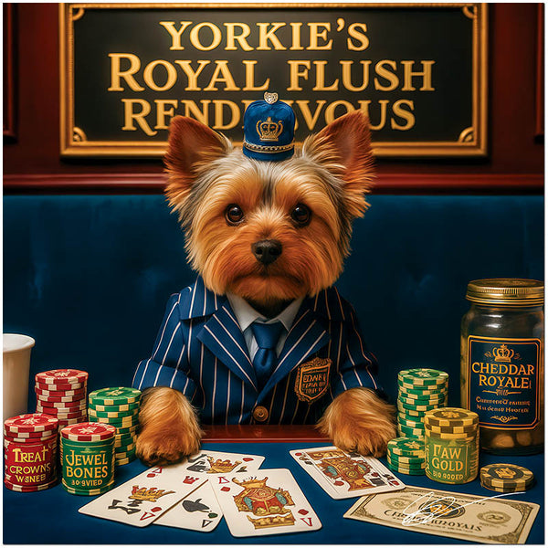 Yorkshire Terrier in pinstripe suit and crown at poker table with royal flush and chips