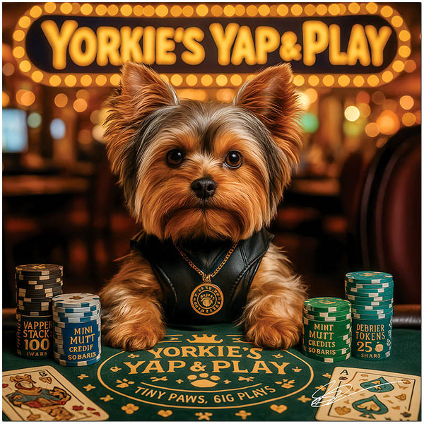 Yorkshire Terrier at poker table with poker chips and Yap & Play marquee sign