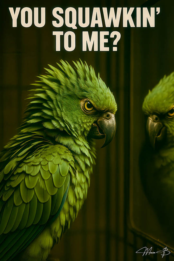 Parrot staring intensely at its reflection with text You Squawkin To Me?