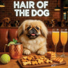 Photorealistic dogs—lounging on tufted biscuit benches—gather around tables with colorful “Ruff” cocktails under a glowing neon ‘Hair of the Dog’ sign, framed by bacon garlands, sunny-side-up egg murals, and scattered tennis balls.