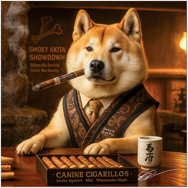 Smoky Akita Showdown Akita Dog Cigar Lounge Scene Metal Art Print