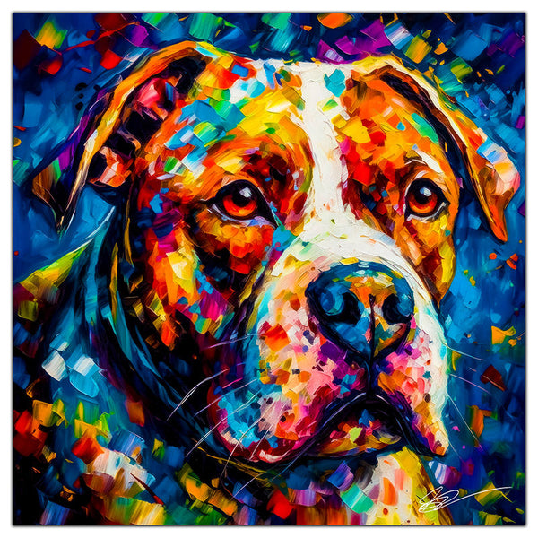 Colorful American Bulldog portrait in modern art style, perfect for home decor.