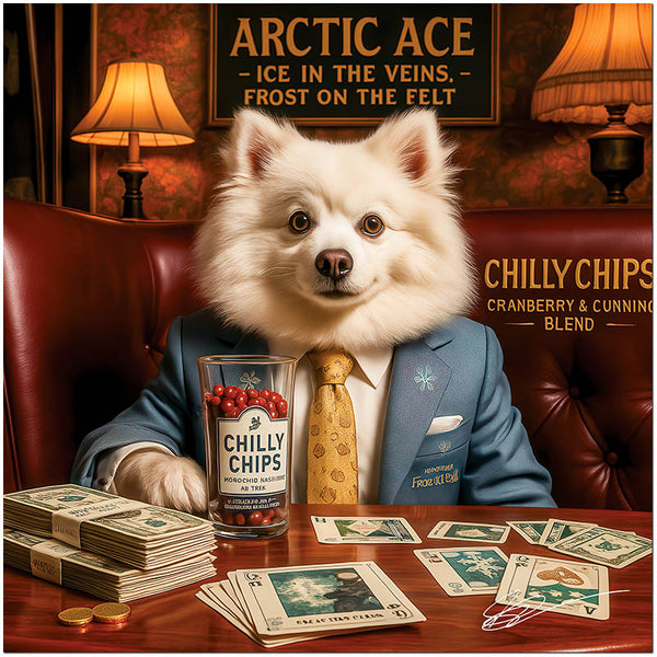 Arctic Ace American Eskimo dog in casino lounge with cards and drink printed on ChromaLuxe Metal Print