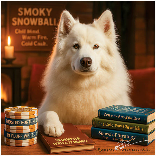 Smoky Snowball American Eskimo dog sitting beside poker chips and books in elegant fireside scene on Metal Print