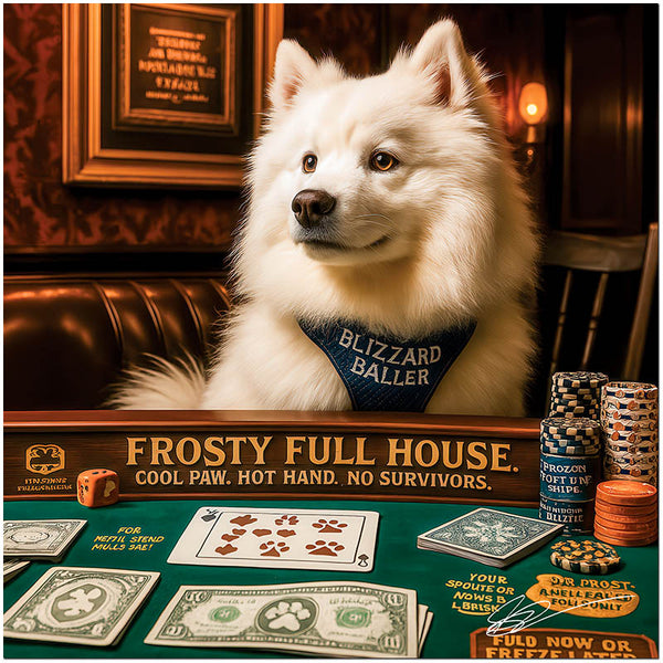 Frosty Full House American Eskimo dog at poker table with cards and chips in luxurious bar scene on Metal Print